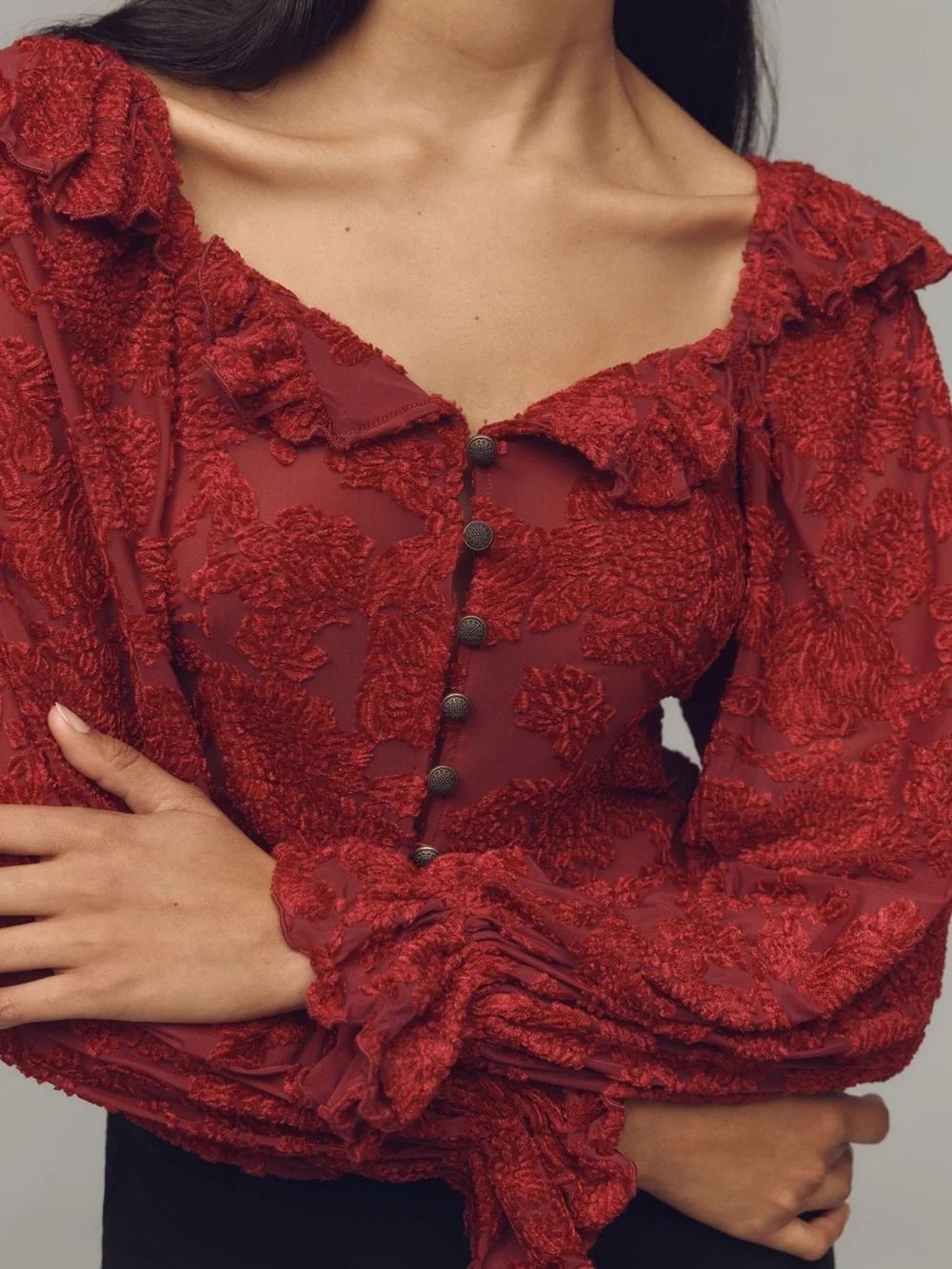 Anthropologie Red Textured Ruffled Button-Front Blouse